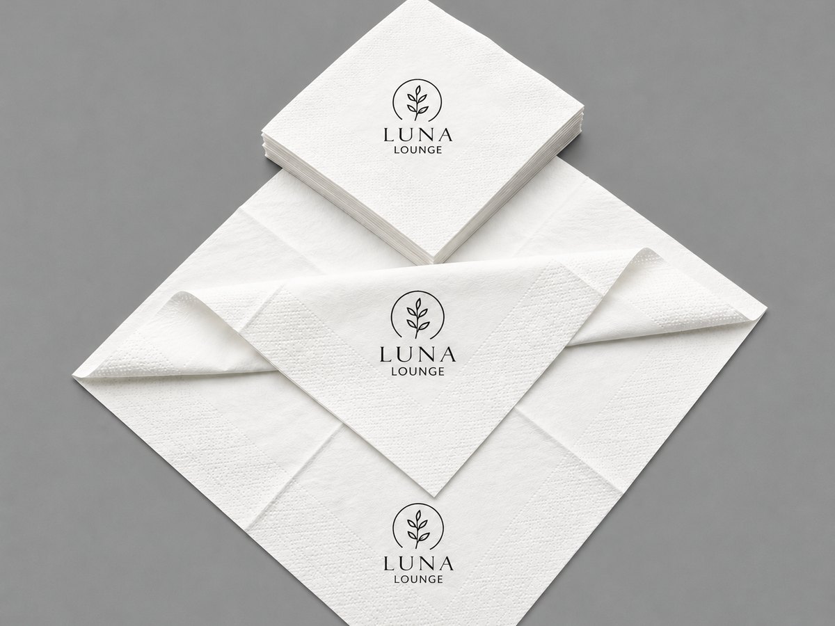 White napkin with a printed logo
