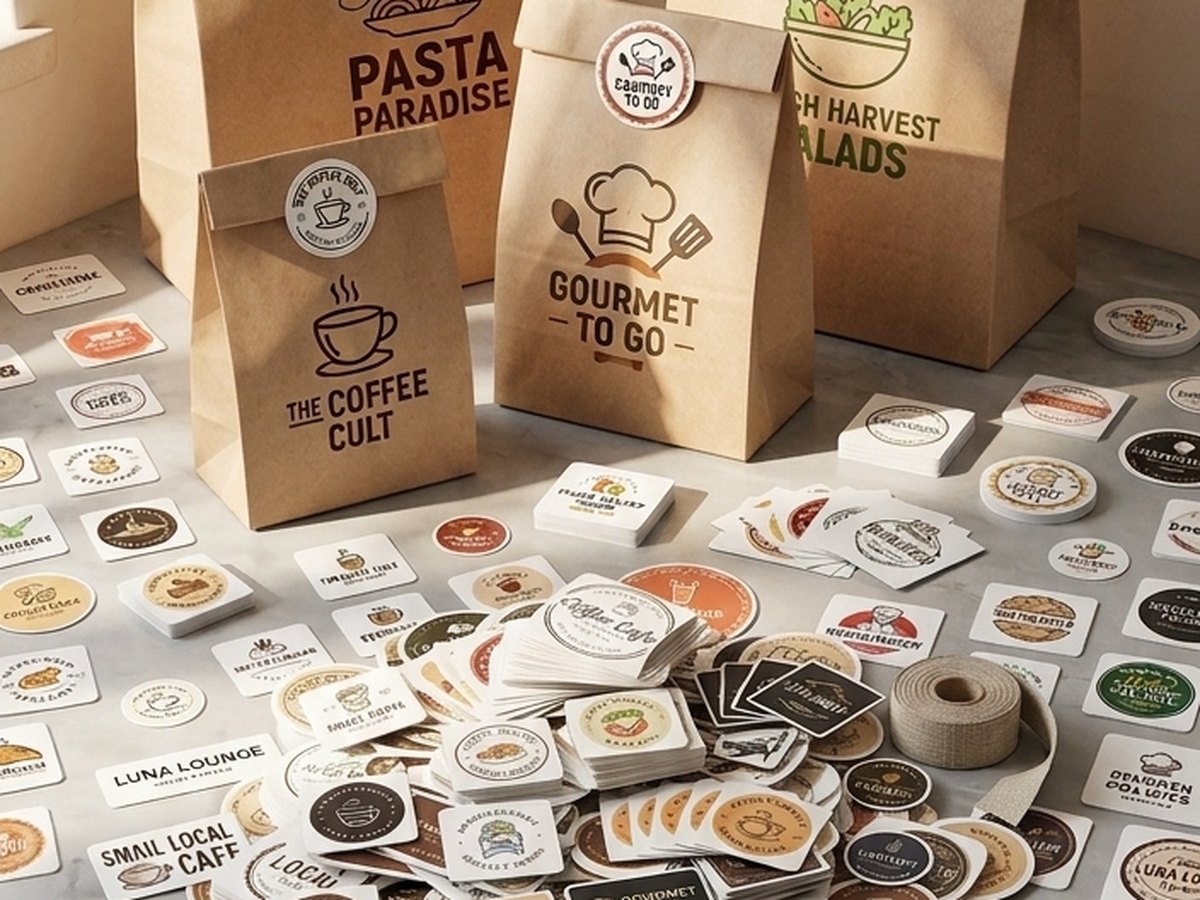 Printed label stickers on takeaway packaging