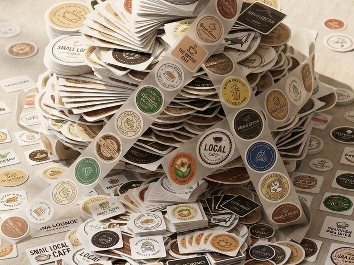 Piles of printed label stickers